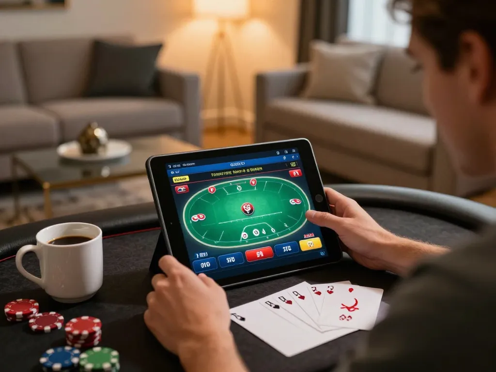 Play poker at TR88 online casino using a tablet in a cozy modern living room