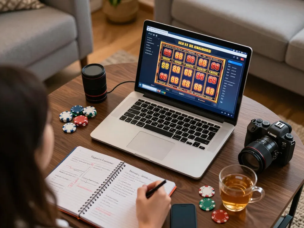 Engaging with the open 88 slot game on a cozy laptop setup, showcasing strategy notes and gaming accessories for an immersive experience.