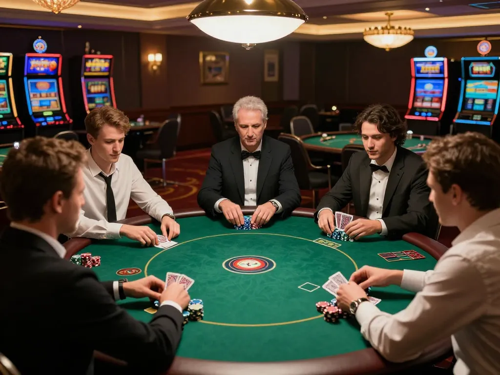 UU88 poker players engaging in strategy at a vibrant casino table, showcasing excitement and focus.