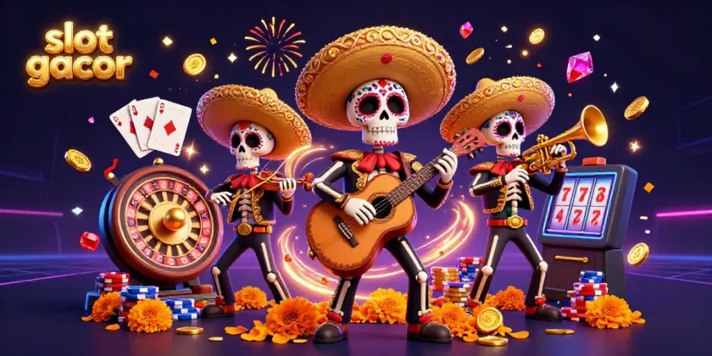 Experience the excitement of slot gacor with lively mariachi characters amidst gold coins and vibrant casino elements.