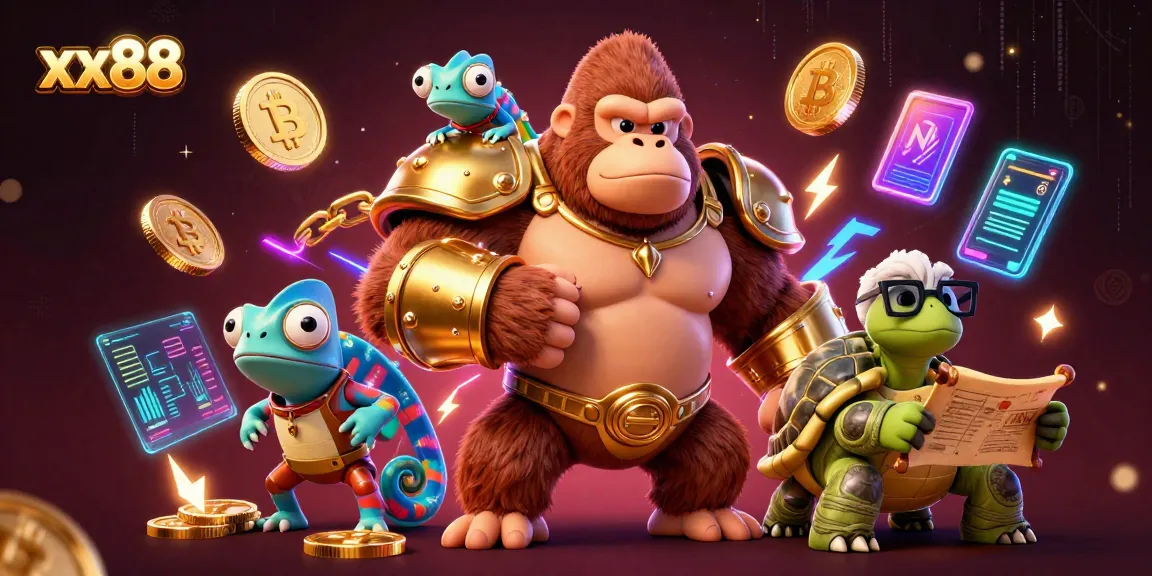 Engage with xx88 casino excitement featuring a gorilla king and vibrant crypto elements.