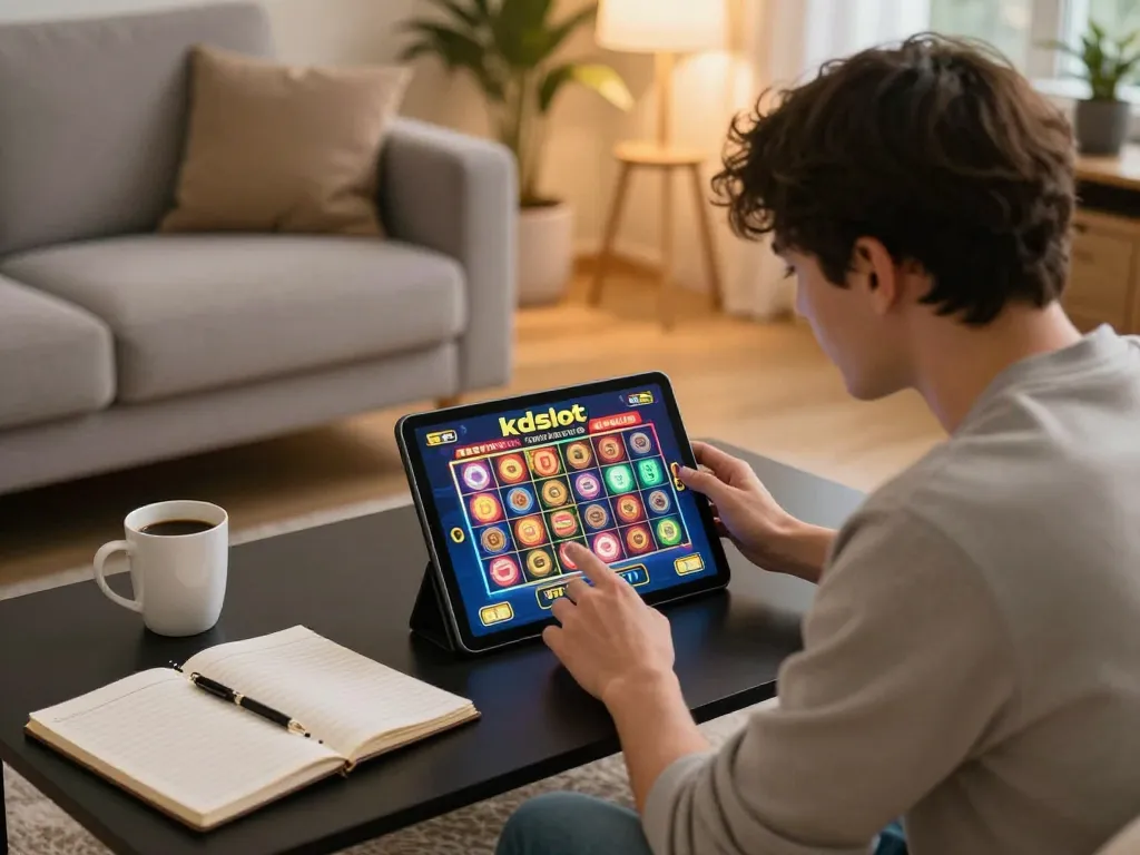 Engaging user playing kdslot on tablet in a cozy home environment with strategic notes