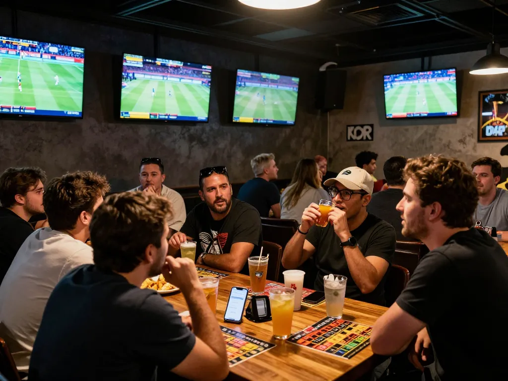 Active sports betting scene at 789bet with patrons analyzing odds on multiple screens in a lively atmosphere