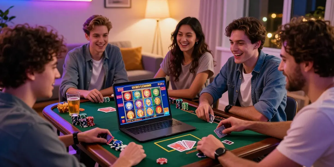 Excited friends engaging in online casino games at home, showcasing dea.org.uk's vibrant credit card casino experience.