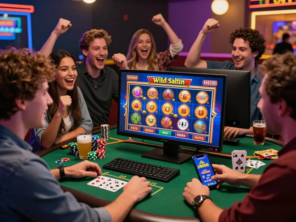 Friends enjoying the sultan wild casino experience, celebrating wins with vibrant slot games displayed in the background, creating a lively gaming atmosphere.