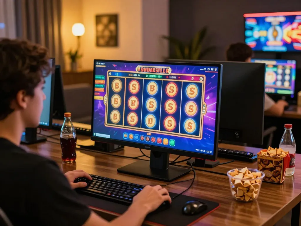 Pemain menikmati permainan slot online yang cerah di komputer mereka di rumah, menekankan pengalaman bermain tamilmp3plus.