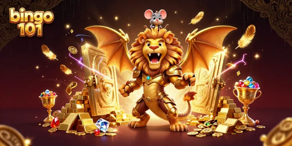 Bingo 101 imagery with a majestic chimera creature and treasure elements presenting engaging gaming excitement.