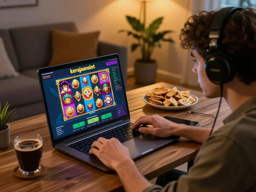 Engaging with kerajaanslot online gaming at home, highlighting a player focused on vibrant slot graphics.