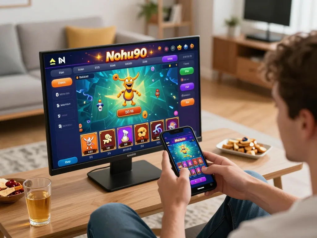 Nohu90 player enjoying online casino gaming on mobile app in cozy setting