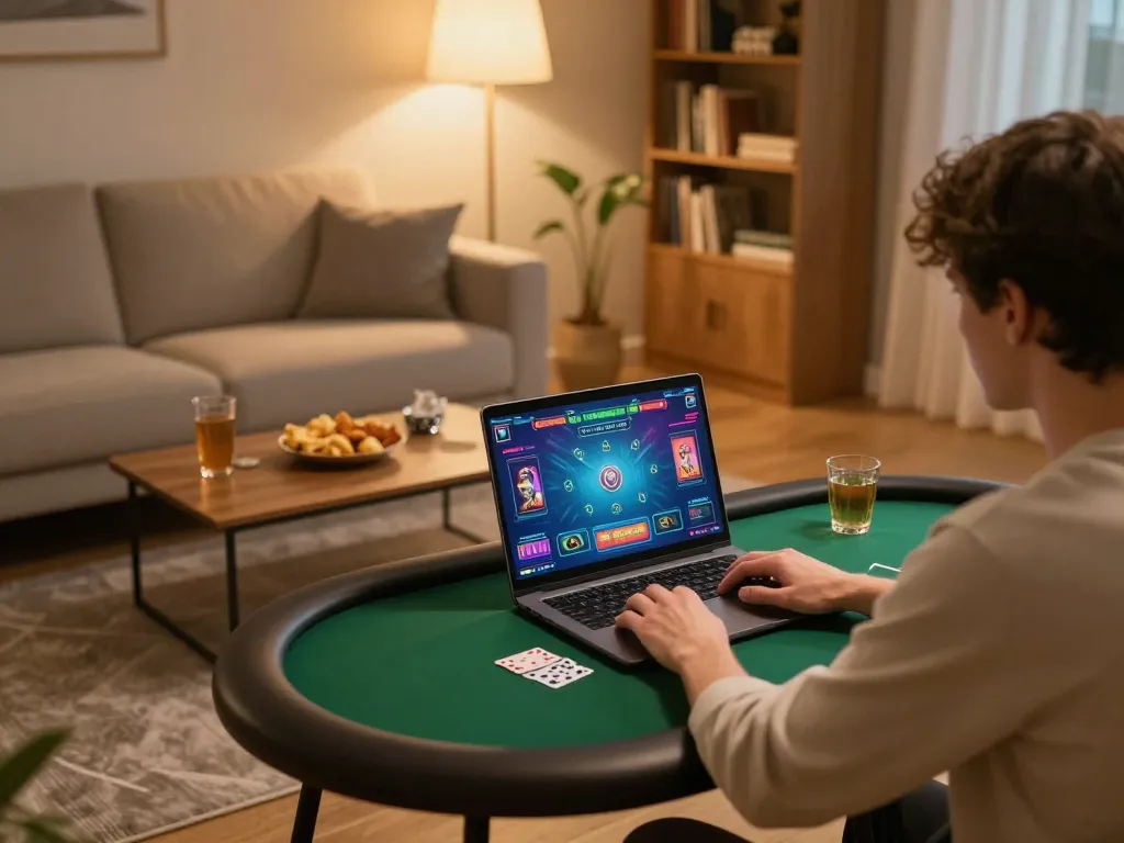 Engaging online poker game on a laptop by rikvip, showcasing thrilling gameplay and a cozy atmosphere