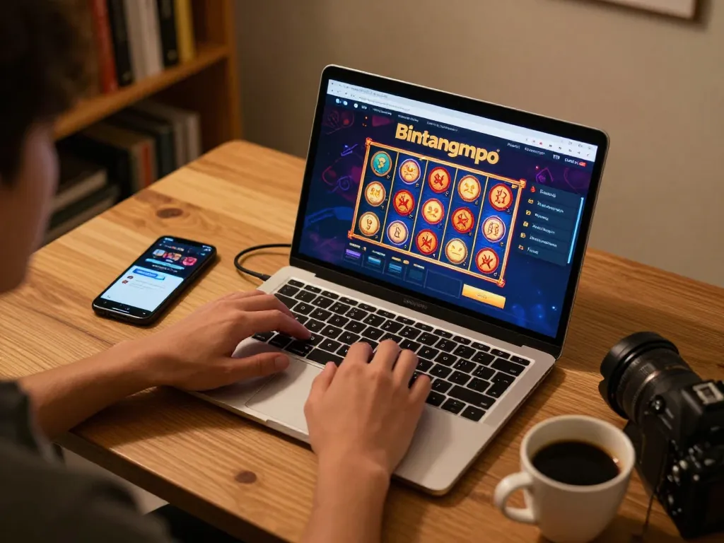 Pengalaman bermain kasino online Bintangmpo dengan slot berwarna-warni di laptop, menampilkan perjudian yang bertanggung jawab.