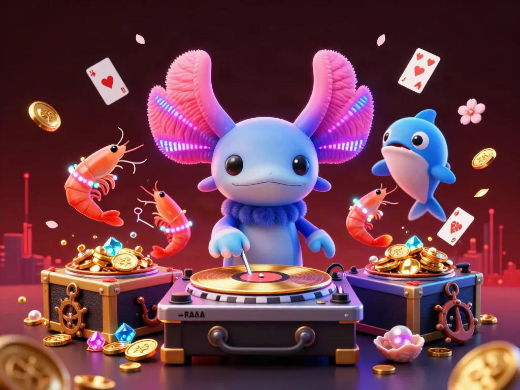 Spin at xoso66's underwater casino where a neon axolotl DJ spins vibrant records surrounded by treasure and excitement.