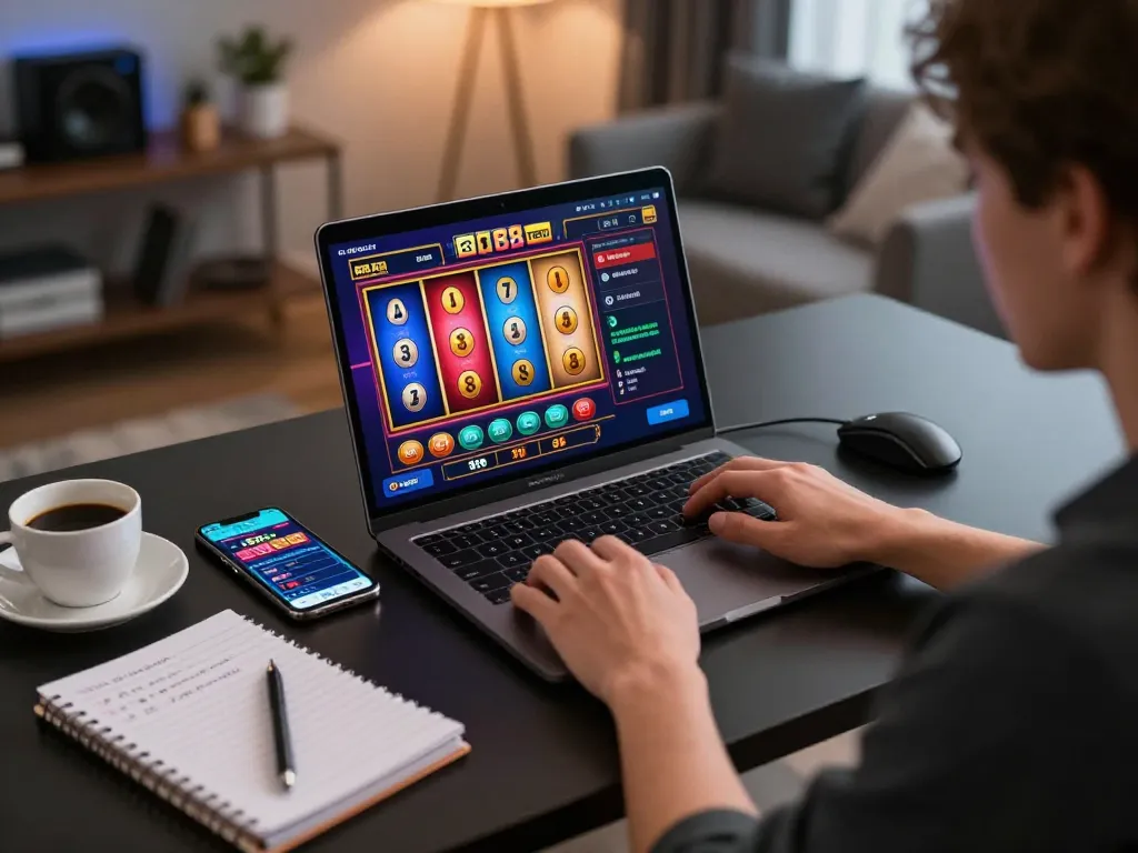 Engaging with slot88 resmi on a laptop in a cozy, stylish home office atmosphere.