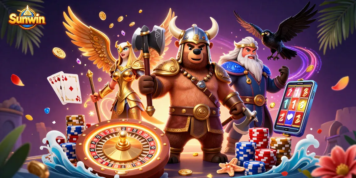 Experience incredible gaming wins with Sunwin's dynamic 3D casino illustration featuring Viking characters and casino elements.