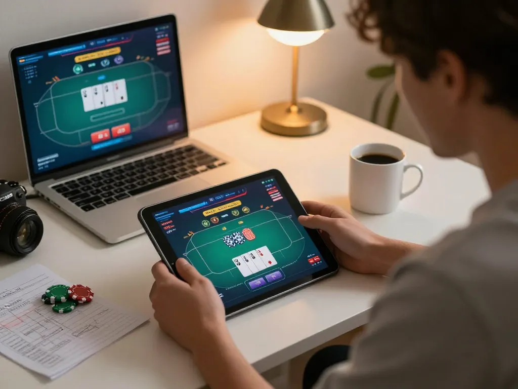 Engaging online poker gameplay on tablet featuring iwin club strategy in a cozy home setting.