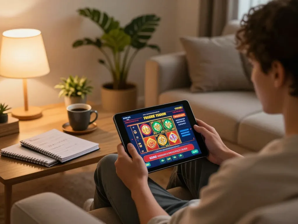 Player engaging with online casino on tablet, showcasing 789bet gaming experience in a cozy home environment.