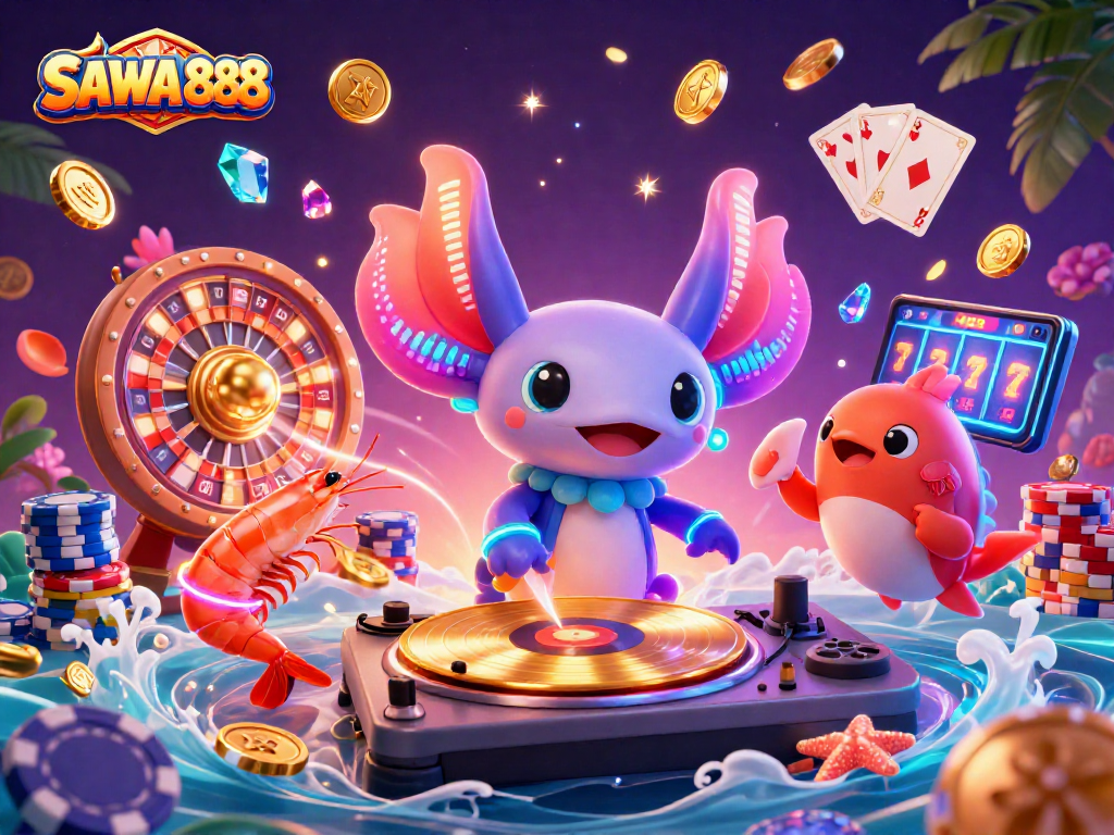 Experience SAWA888 with vibrant casino action featuring neon characters and dynamic gambling elements.