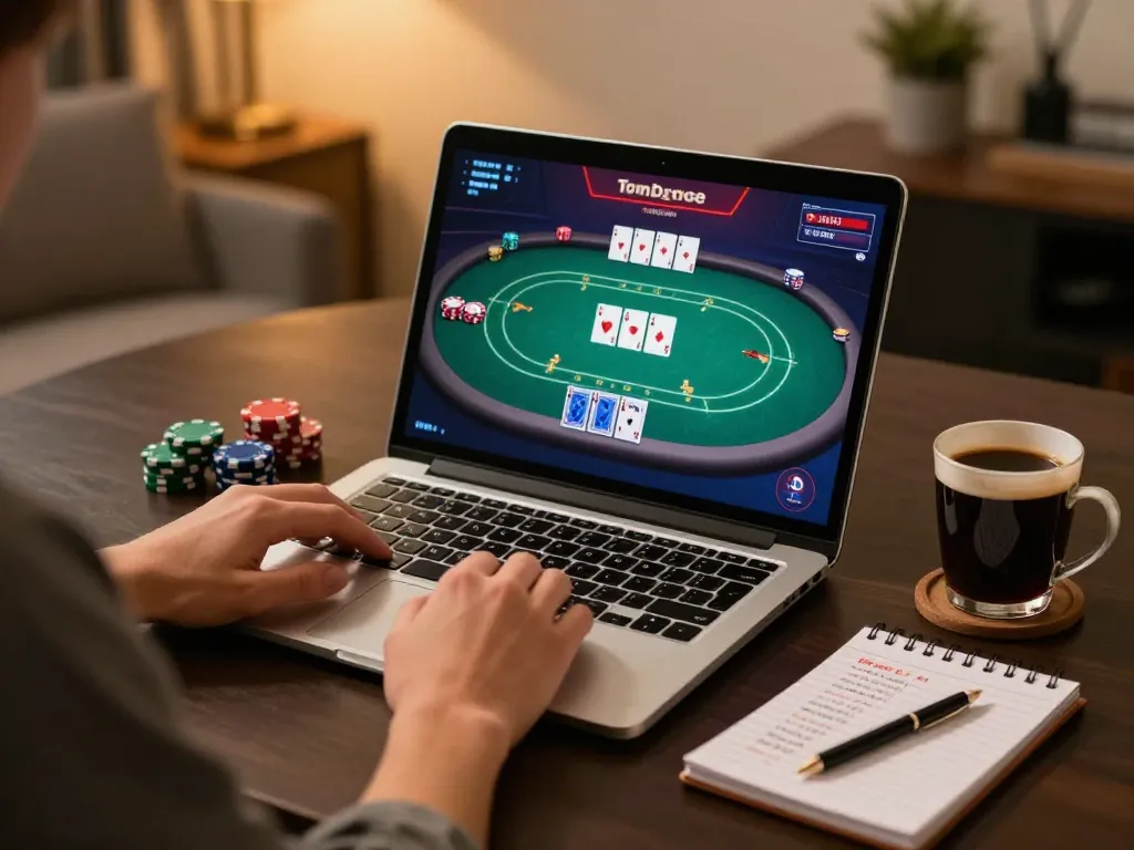 Sesi strategi poker yang menarik di hotelmonterreysalamanca dengan seseorang menggunakan laptop.