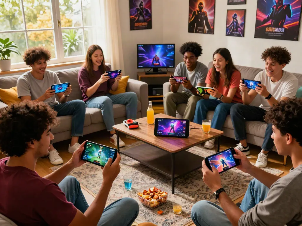 Friends enjoying ORION88 mobile games in a cozy living room setting, vibrant graphics displayed.