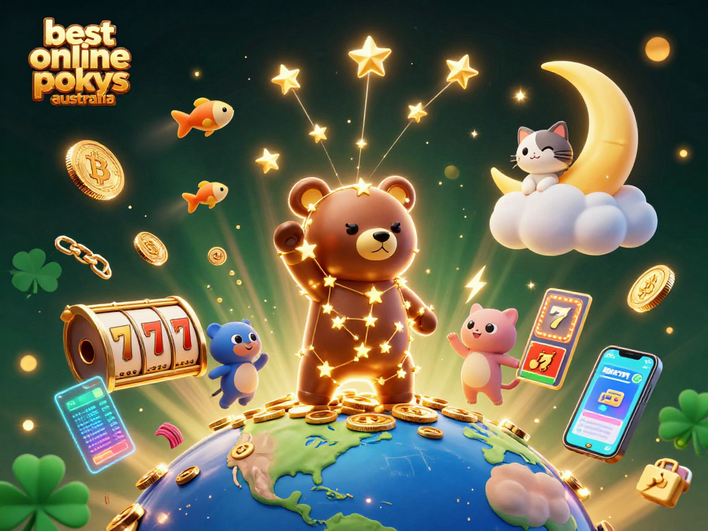 Play the best online pokies Australia offers in a vibrant scene with winning symbols and crypto elements.