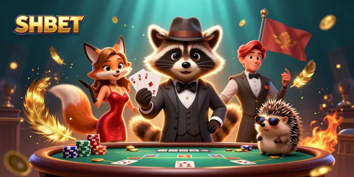 Engage with the exciting world of SHBET as a suave raccoon competes with a royal flush, showcasing top-tier poker action.