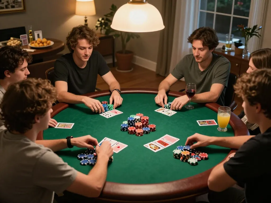 Engaged players at a poker table enjoying okking nhà cái experience in a lively home setting.