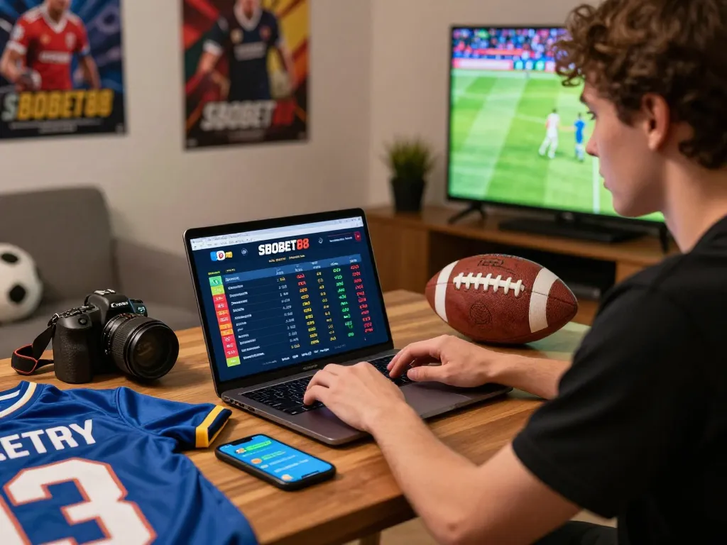 Individual engaging with SBOBET88 on a laptop in a vibrant home setting, capturing the thrill of online betting.