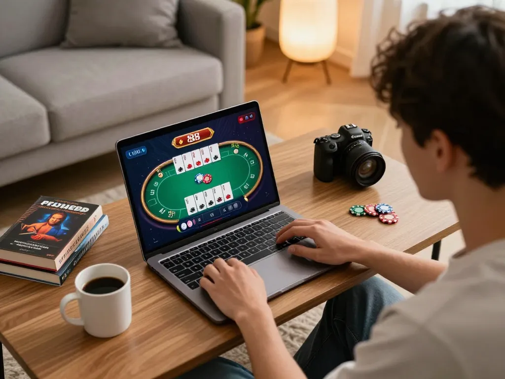 Engaging online gameplay of Go 88 with poker game interface visible, showcasing strategic betting in a cozy home setting.