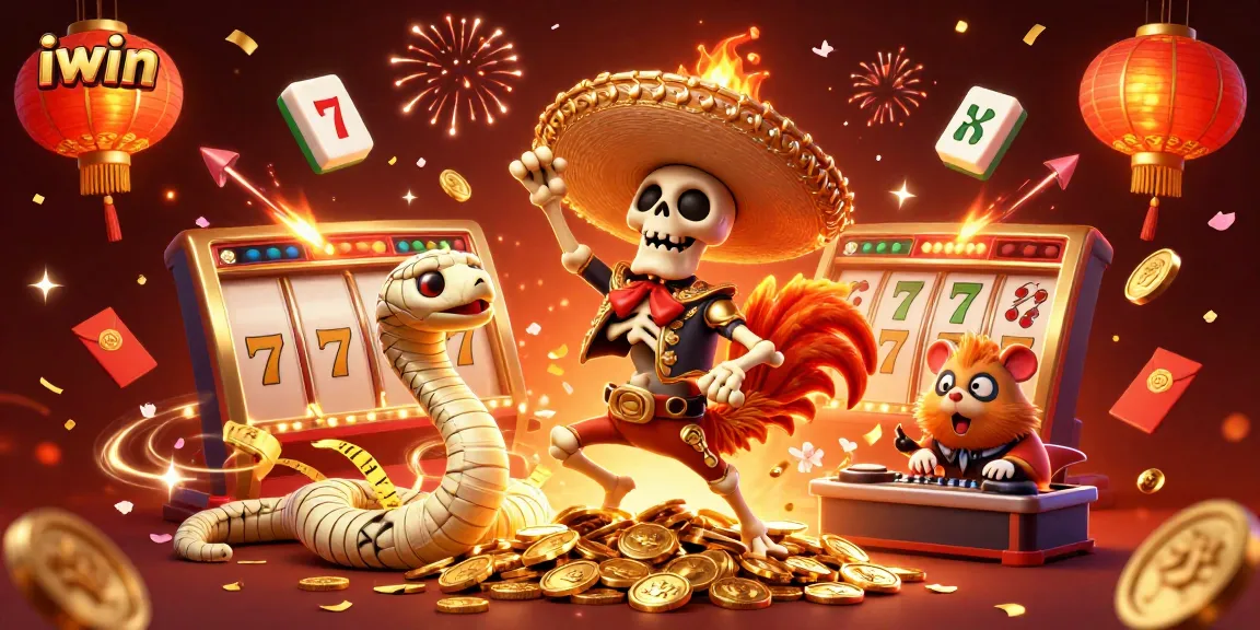 Experience winning fun at iwin with a vibrant casino illustration showcasing lively characters and slot games.