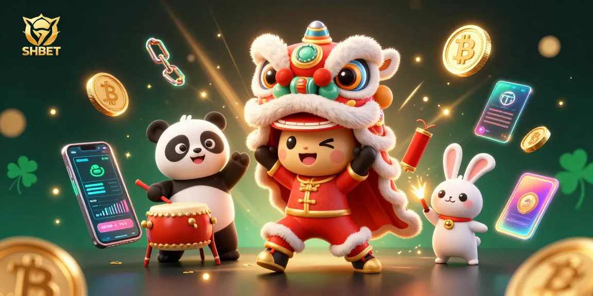 Engage in thrilling gaming experiences at SHBET with a lively lion dance, cryptocurrency elements, and festive decorations.