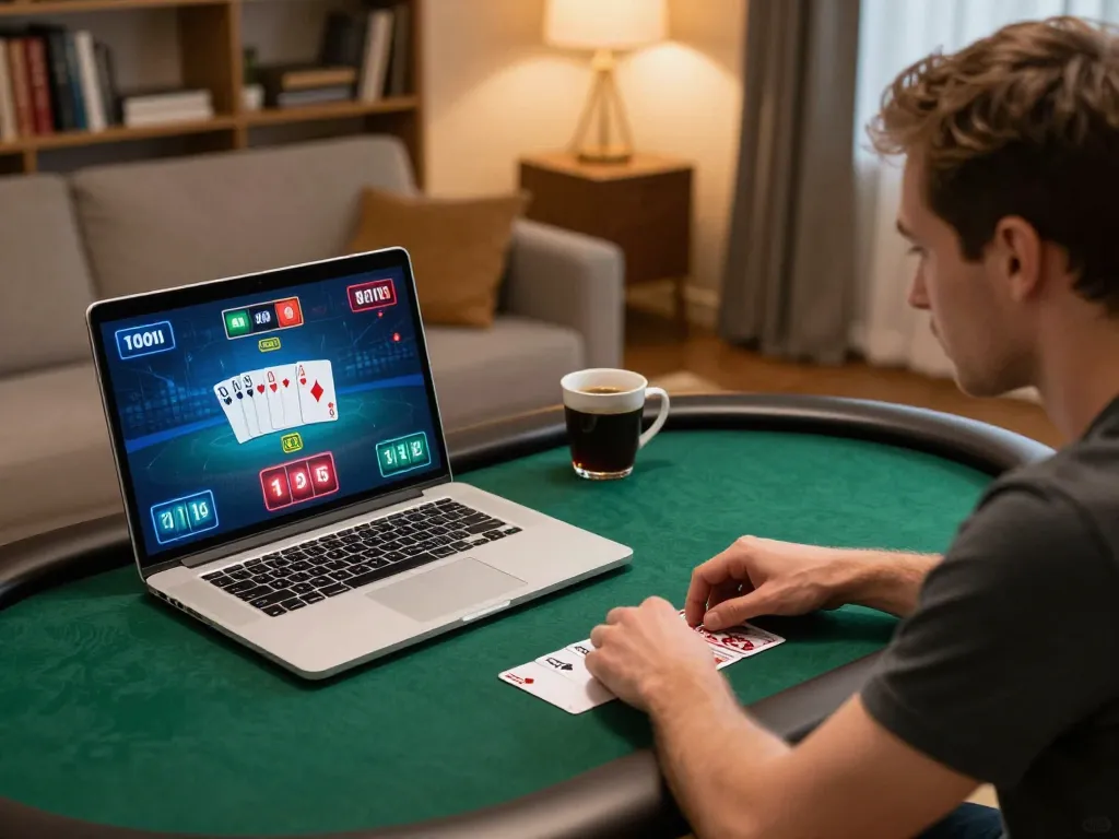 Player strategizing an online poker game with SC88 interface displayed on laptop in cozy living room.