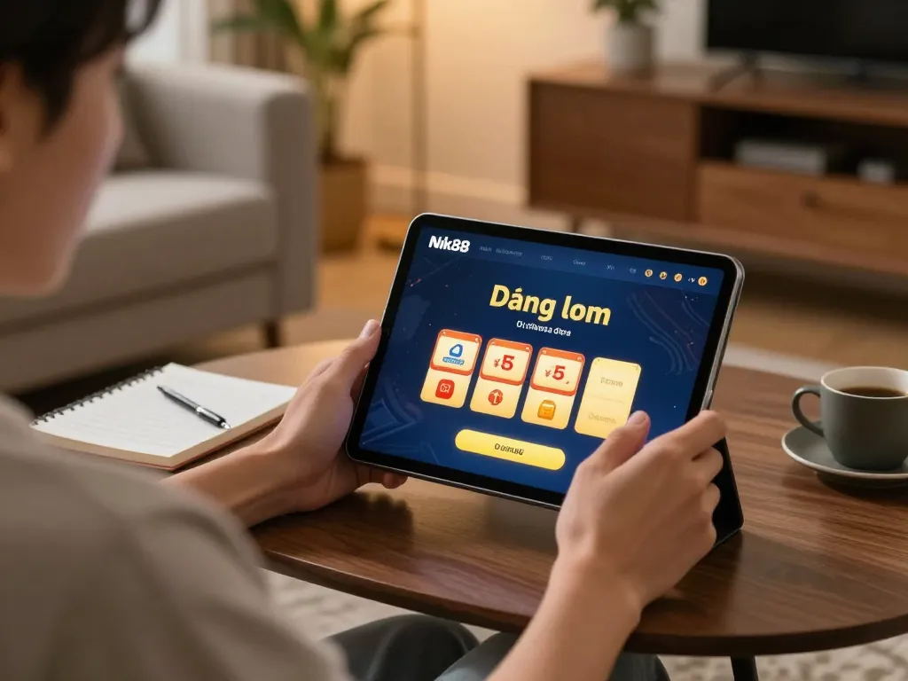 Engaging in Nk88 đăng nhập while enjoying a comfortable home gaming experience with tablet and betting notes