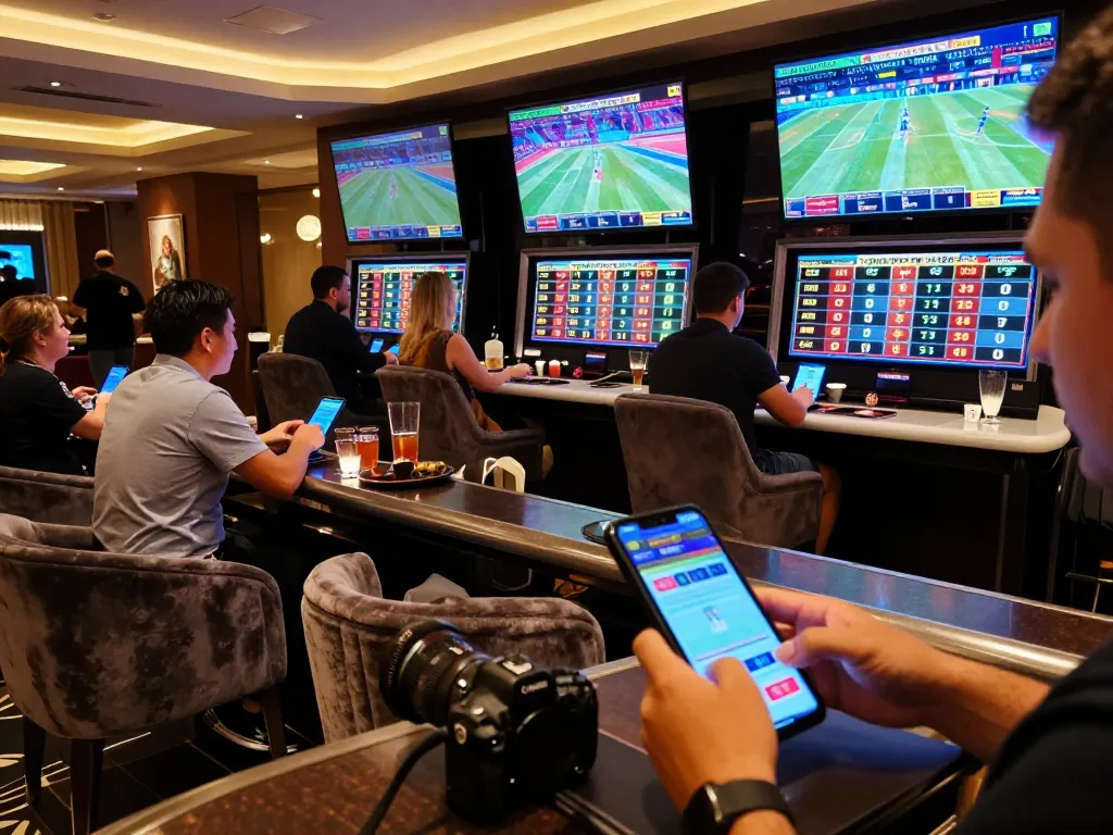 88aa bets placed in an upscale sports betting lounge with vibrant screens showcasing live games