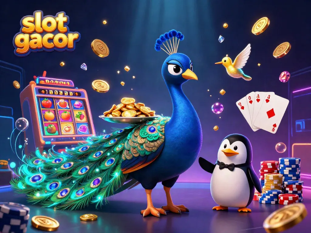 Menangkan slot gacor dengan gulungan slot, chip emas, dan karakter warna-warni yang penuh kegembiraan.