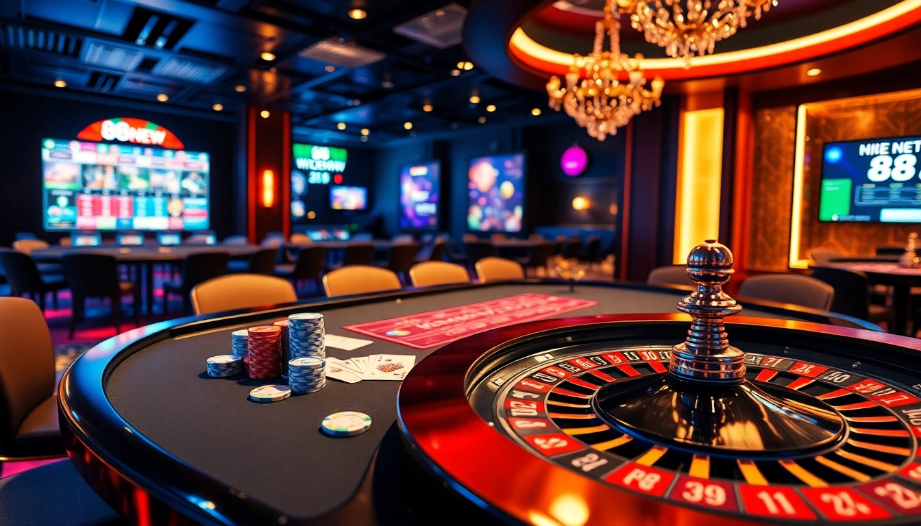 Experience the excitement of gaming at 888NEW with vibrant casino tables and poker chips.