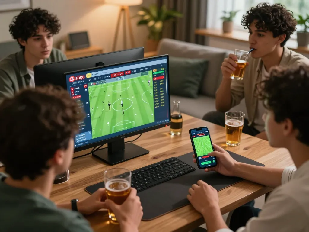 Soi kèo betting with friends on soccer odds displayed on smartphone and laptop in a cozy living room