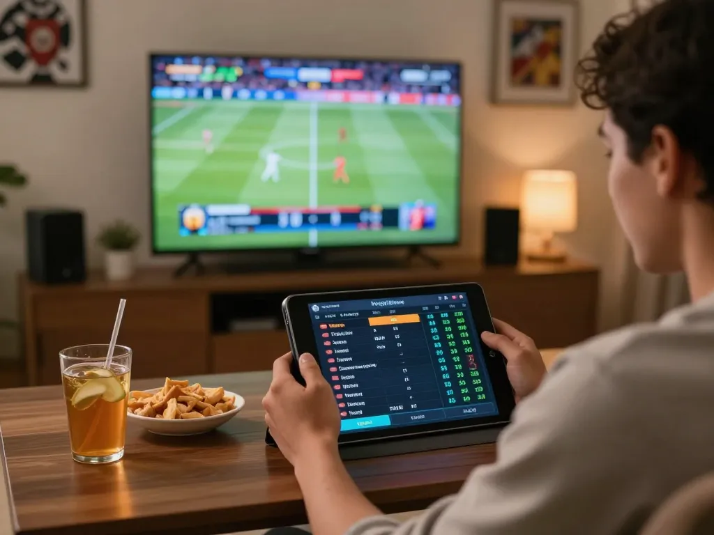 Nyalabet sports betting setup at home, showcasing vibrant tablet interface with live betting odds.