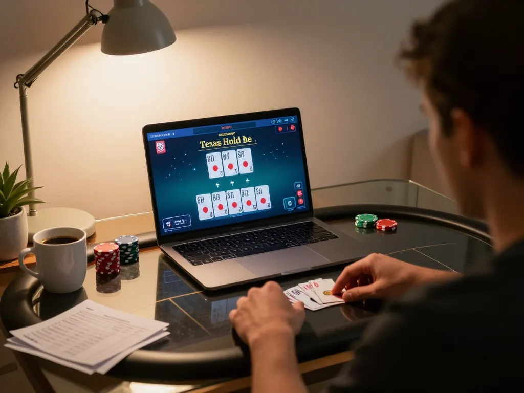 uu88 poker player monitors online game strategy at home with focused preparation.