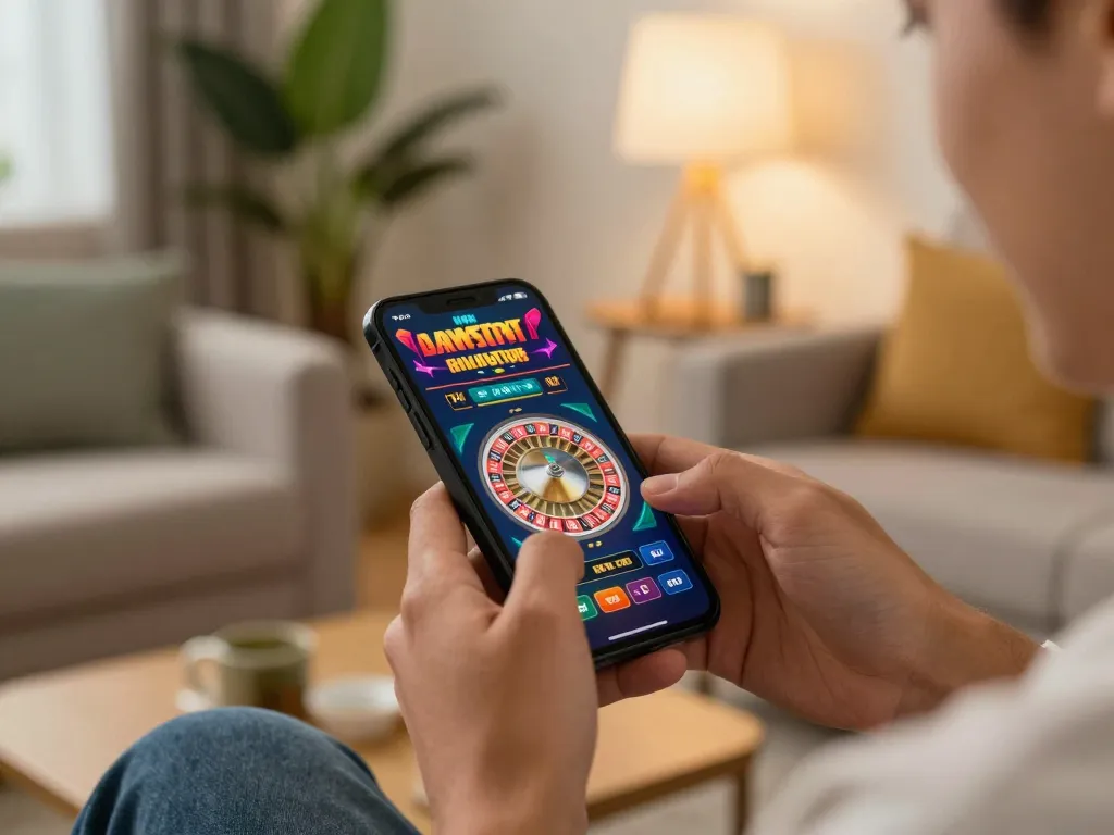 A player engaging with non gamstop casinos on their smartphone, showcasing a vibrant roulette game in a cozy living room setting.