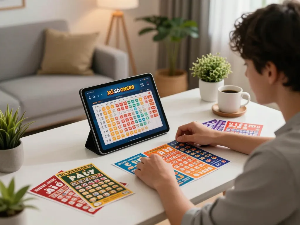 XỐ SỐ ONE88 player analyzing betting options on tablet screen with lottery results