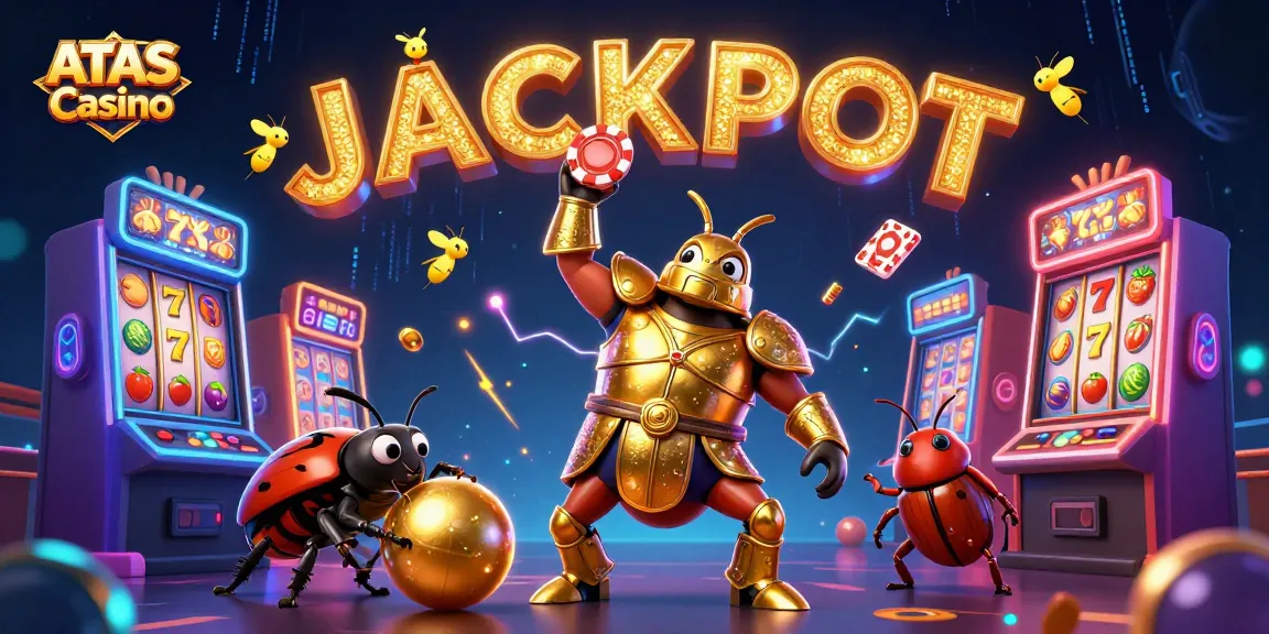 Engage with ATAS Casino's dynamic scene of a victorious beetle celebrating jackpots amidst colorful slot machines.