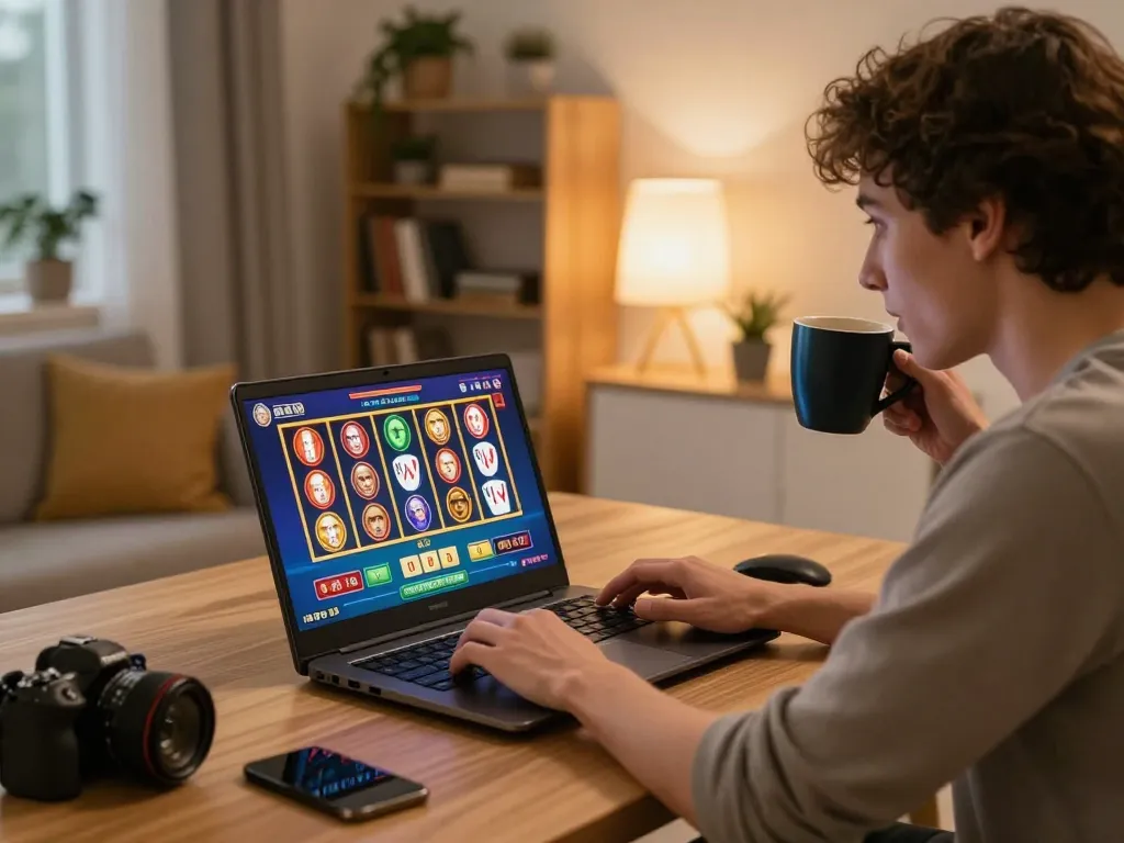 Player engaging in online casino games on laptop screen, highlighting excitement during nk88 gaming experience