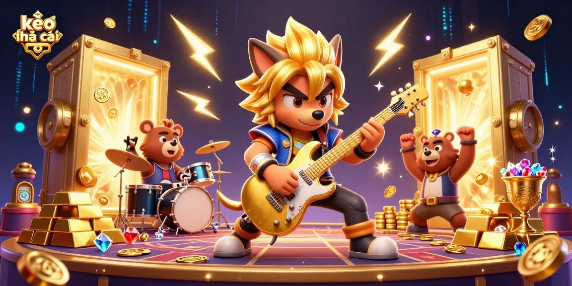 Engaging kèo nhà cái representation with animated rock star wolf and drummer bear amidst a sports betting theme.