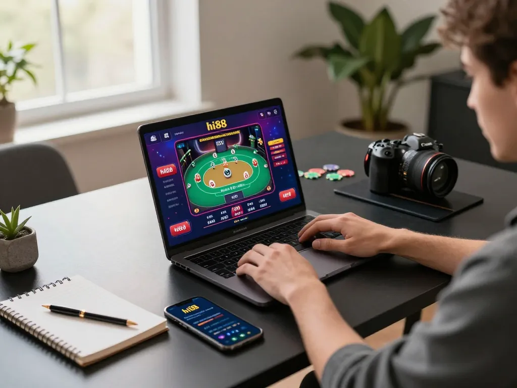 Engaging moment of a player enjoying hi88's online poker game at home, showcasing the gaming setup.
