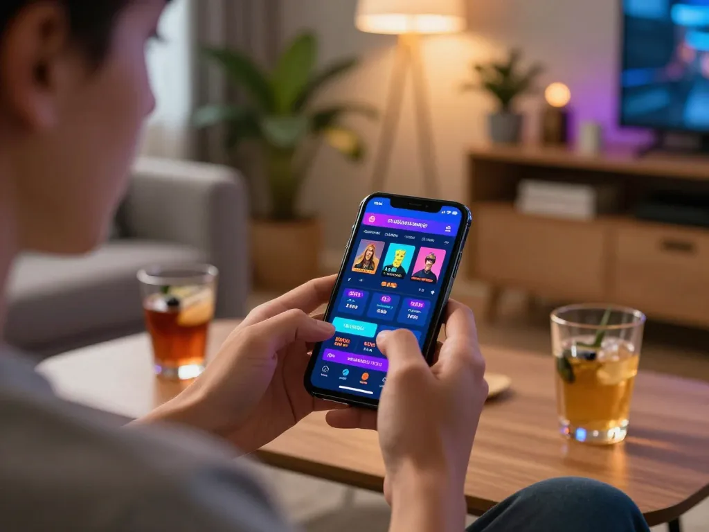 Player using a gambling app on a smartphone, experiencing 45678's exciting betting features, in a cozy setting