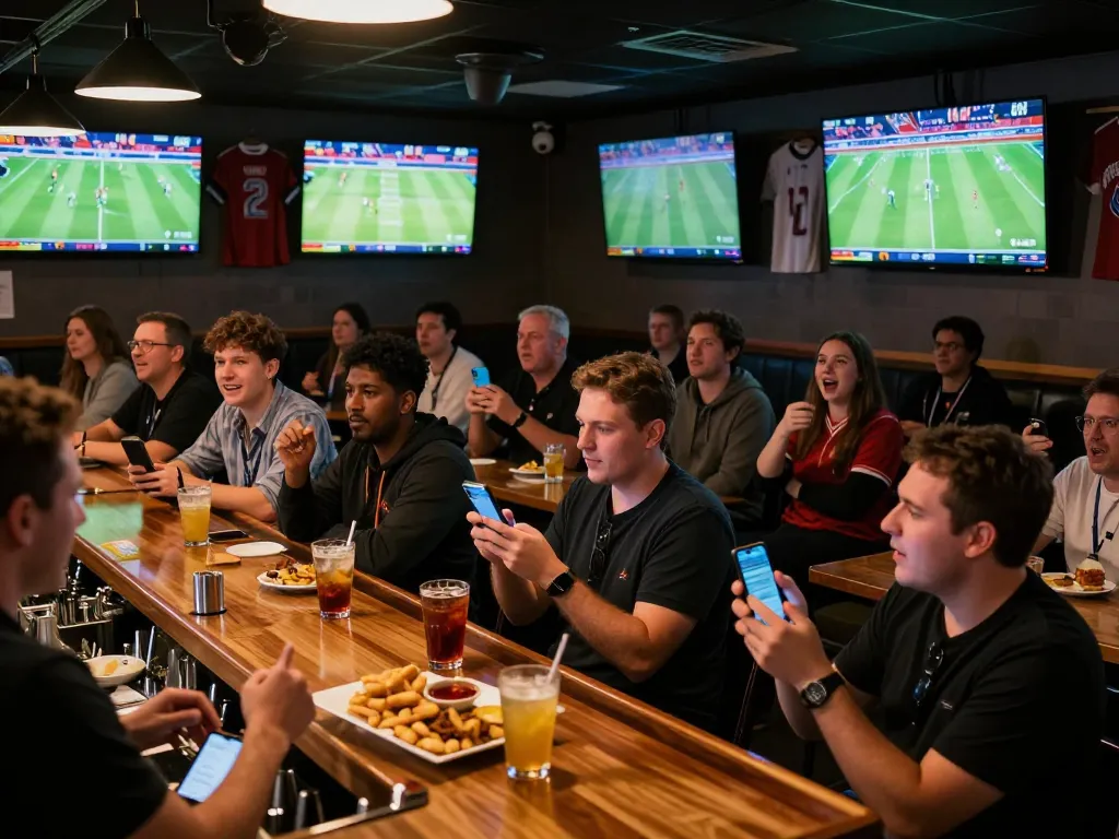 B sport fans engaging with live sports betting during a match in a lively bar atmosphere.