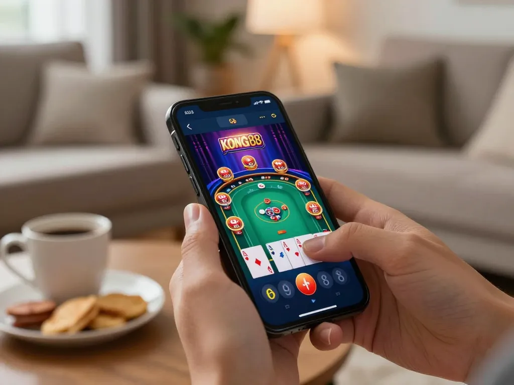 KONG88 app on a smartphone screen showing an exciting poker game in a cozy living room setting.