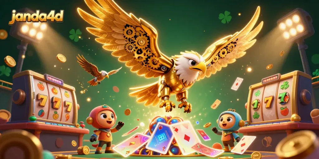 JANDA4D menampilkan ilustrasi 3D dengan elang sibernetik yang terbang di antara simbol slot dan jackpot.