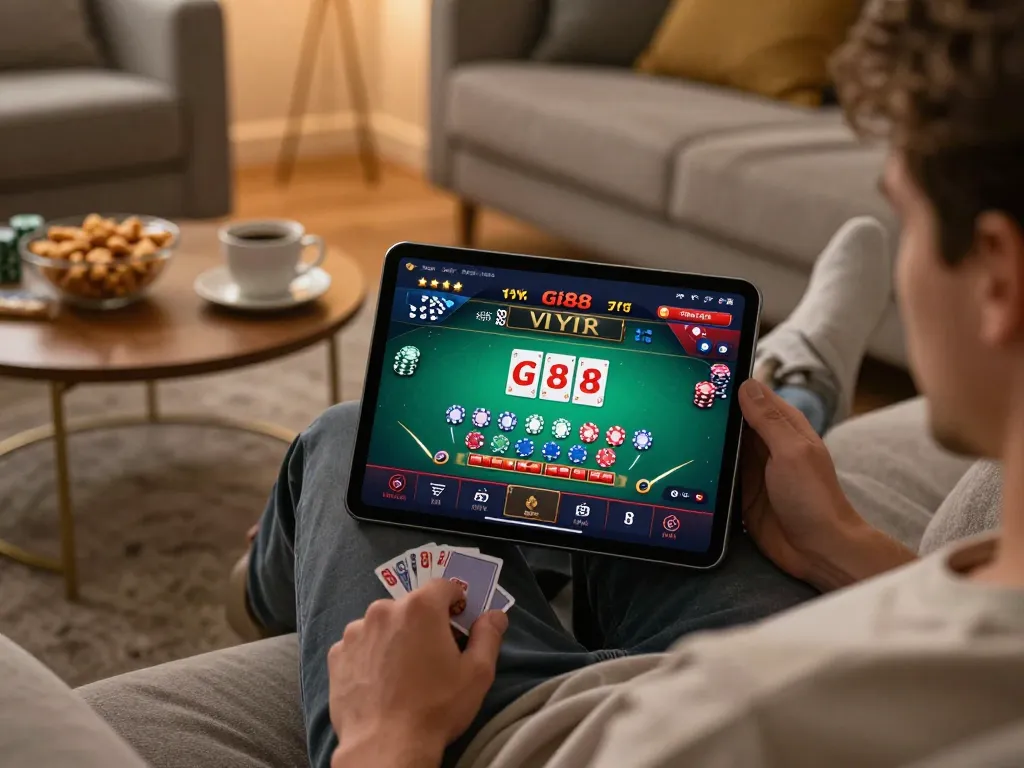 Engaging with the gi88 online casino app while enjoying a cozy home gaming session on a tablet.
