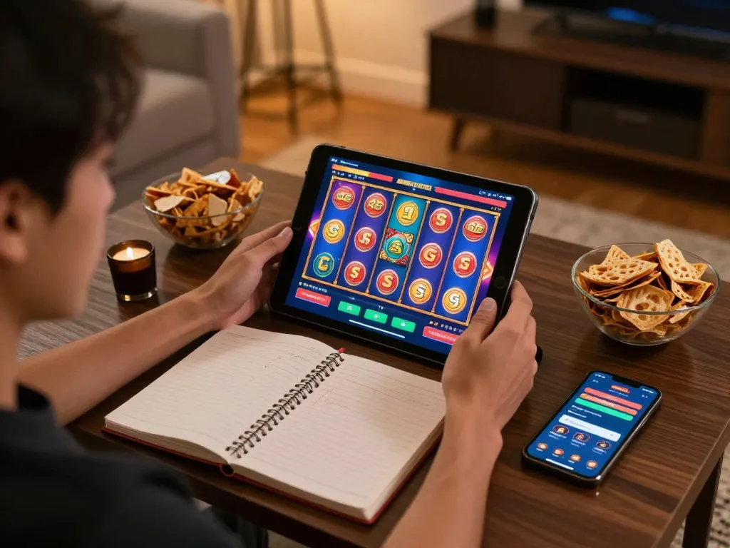 Engaging in gacor online slot gaming on a tablet in a cozy living room setting